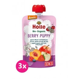 3x Holle Berry Puppy Bio gyümölcspüré alma, őszibarack és bogyók, 100 g (6 m+)