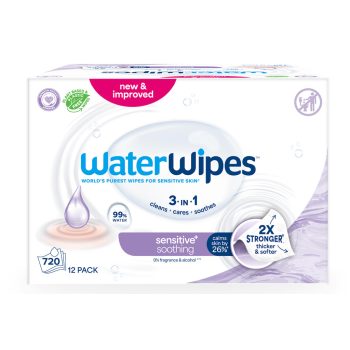   12X WATERWIPES Nedves törlőkendők Nyugtató tisztítás 3 az 1-ben 60 db (720 db)