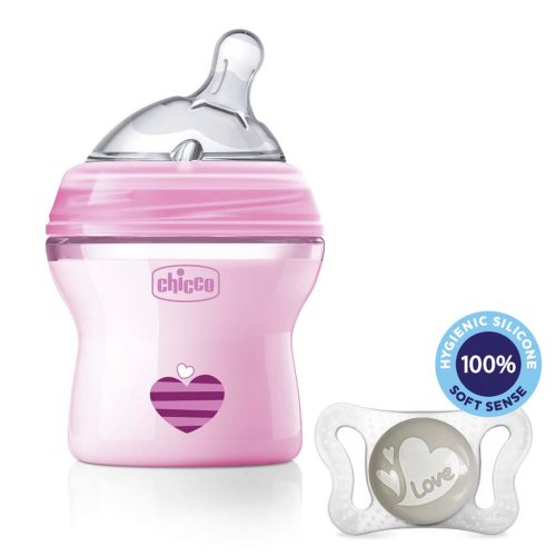 CHICCO Cumisüveg Natural Feeling 150 ml, kislány 0m + minta cumi Physio Micro 0-2m